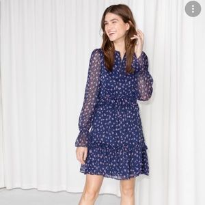 & Other Stories navy pink floral ruffle dress
